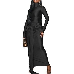 Women's Black Long Sleeve Formal Body-con Elegant Ruched Tie Front Maxi Dress